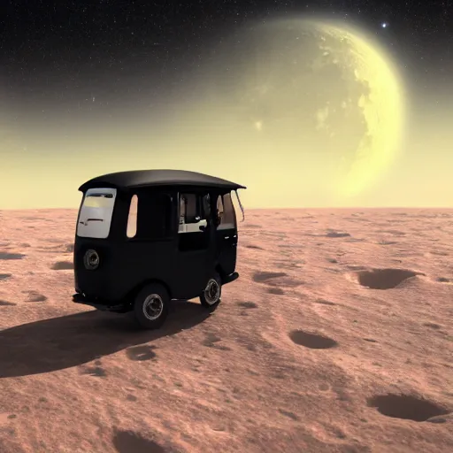 Image similar to a dark auto rickshaw traveling on the surface of the moon, moon craters, night sky, milky way, hard lighting, matte painting, concept art, 4k