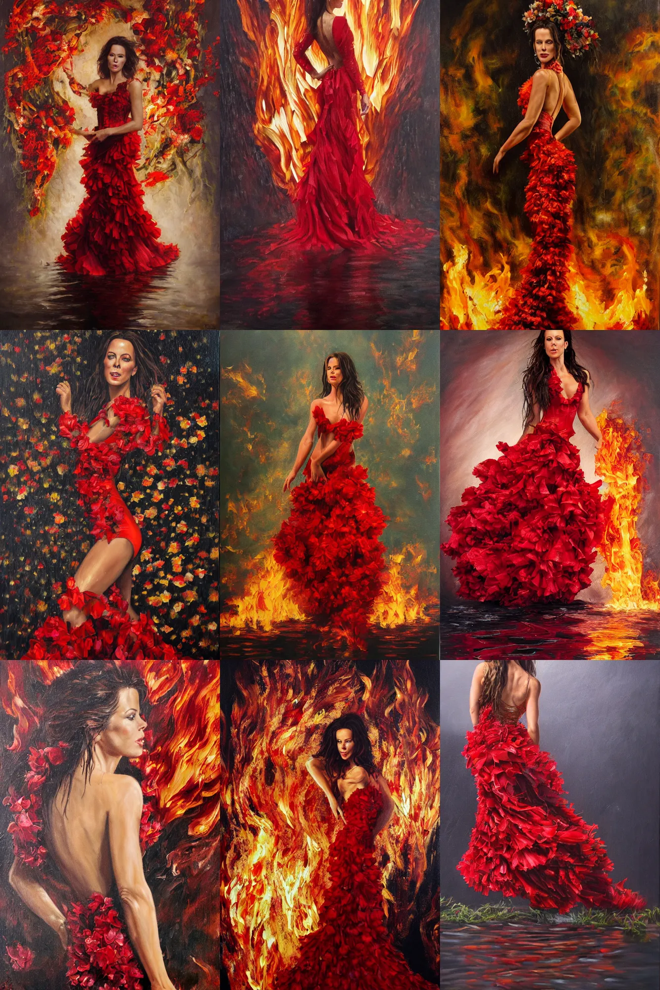 Prompt: detailed oil painting of kate beckinsale as spanish flamenco dancer wearing a red dress made of flowers, engulfed in flames, she's standing waist deep in water, dimly lit, looking away, dark shadows, ethereal, foggy, moody, surreal, high definition, 4 k, slr