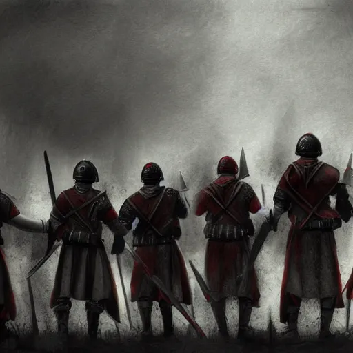 Image similar to realistic, 5 medieval soldiers, in line, pikes, hellbards, banner, flag, mist, picture from behind, epic, digital art, illustration, fantasy, realistic sketch, dark