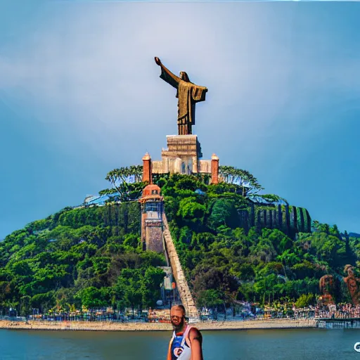 Image similar to high quality portrait of a monkey in front of Christ The Redeemer, studio photograph, photograph, realistic photo, 8k photo, 4k photo, stock photo, high resolution, cinematic shot, high detail