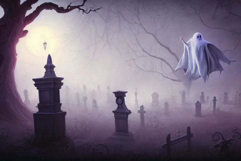 Image similar to casper the friendly ghost flying over a graveyard at midnight, many other ghosts living in a haunted tree, haunted house in the background, cinestill, painted by james jean and gaston bussiere, very detailed and cute and cozy and transparent, backlight, fog, mist, trending on artstation