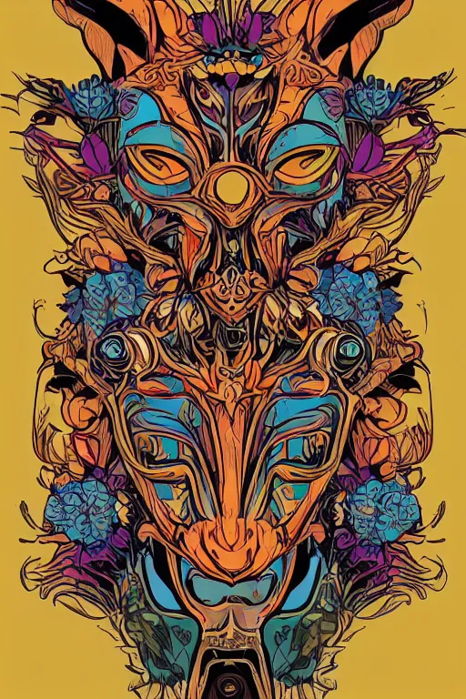 Image similar to animal mask totem roots flower tribal feather gemstone plant wood rock shaman vodoo video game vector cutout illustration vivid multicolor borderlands comics by josan gonzales and dan mumford radiating a glowing aura