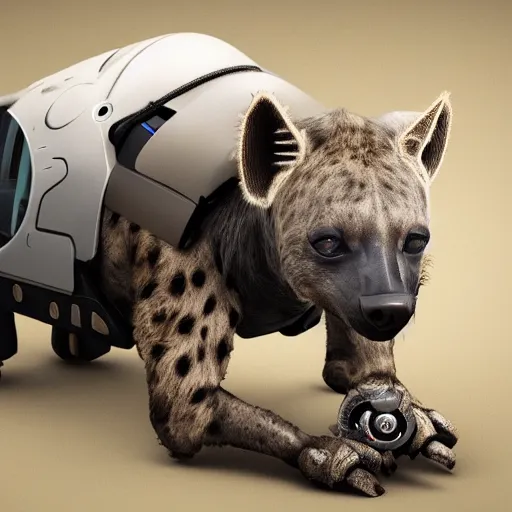 Image similar to pet robot hyena, cyborg with exposed wires and metal, lights, camera lenses for eyes, realistic high quality concept art