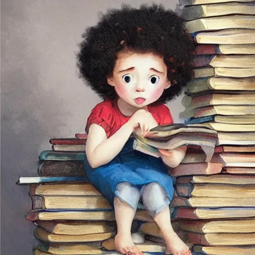 Prompt: a cute little girl with a round cherubic face, blue eyes, and short curly light brown hair sitting on top of a stack of books. beautiful 2 d cartoon painting with highly detailed face by quentin blake and greg rutkowski