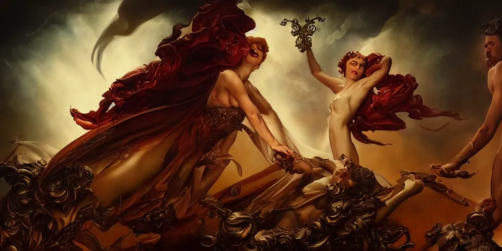 Image similar to The war between heaven and hell, by Rolf Armstrong and Evelyn De Morgan and Bastien Lecouffe-Deharme, dramatic lighting, high contrast colors, baroque, empyrean, panoramic view, as trending on Artstation, highly detailed, quake engine,