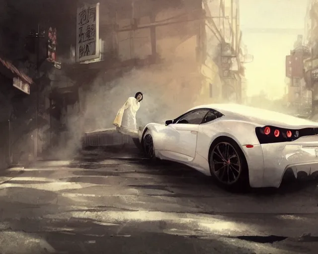 Image similar to a 50 year old brunnete chinese man getting into a white fast car, horror scene, dramatic, anime art, Greg Rutkowski, studio ghibli, dramatic lighting