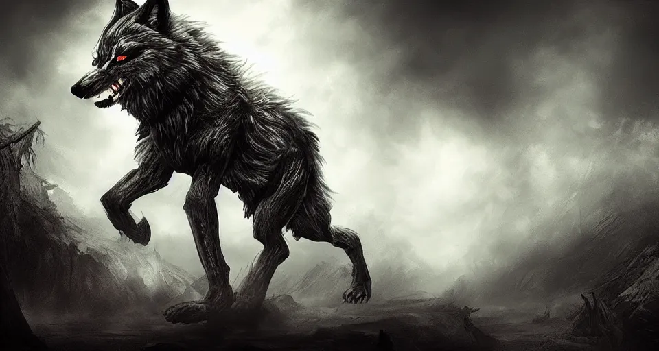 Image similar to an epic action concept masterpiece of the animal wolf - nightmares are made of, inspired by sd ai. horrific digital art, extremely moody lighting