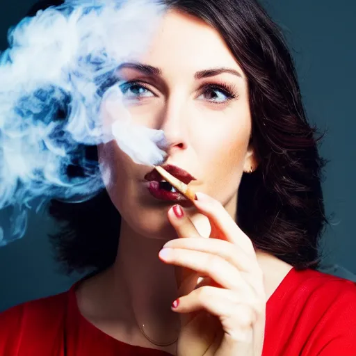 Prompt: a beautiful white skinned brunette smoking a cigarette. Billowing multicolored smoke. Medium format close-up publicity shot.