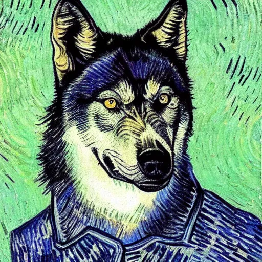 Image similar to retard wolf portrait, van gogh style