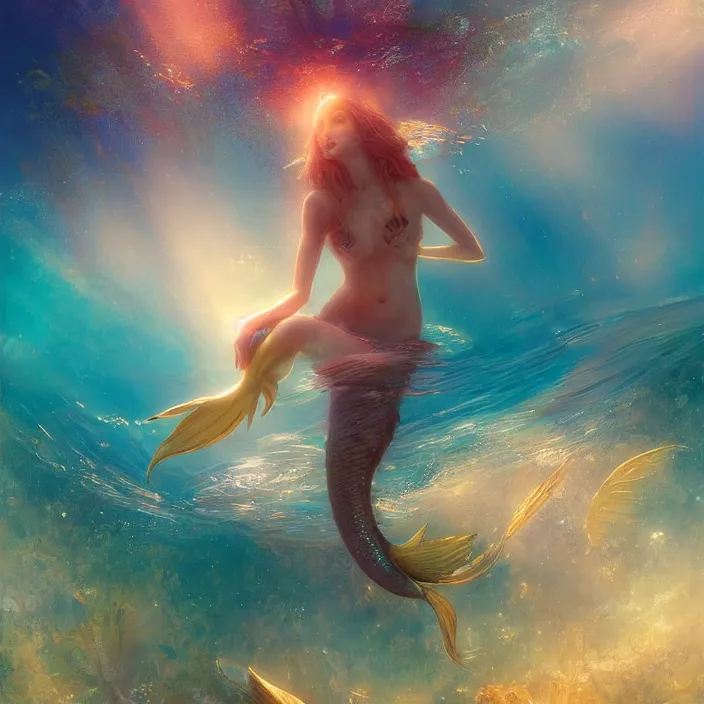 Image similar to gorgeous mermaid swimming underwater, golden hour, god rays, coral reef, dreamscape by artgerm and ruan jia and ismail inceoglu and greg olsen, cosmos, milky way galaxy, masterpiece, beautiful, intricate, elegant, highly detailed, palm trees