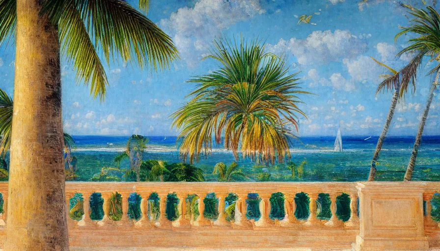 Image similar to a ultradetailed beautiful painting of the amazonas palace balustrade designed by jules bastien - lepage, tarsila do amaral, frank weston and gustave baumann, beach, trending on artstation, mediterranean, palm trees, sharp focus, colorful refracted sparkles and lines, soft light, 8 k 4 k