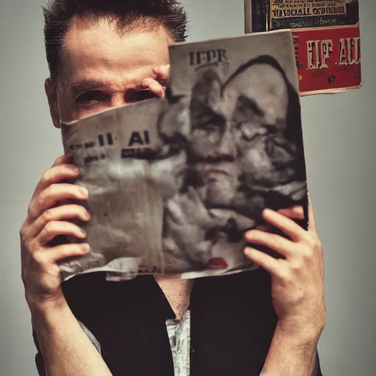 Image similar to realistic exposed expired fuji film portrait of a man holding up a magazine named ai, hyperrealism, hypermaximalism, photorealistic, detailed, atmospheric, 8 k, award winning photography, cinematic