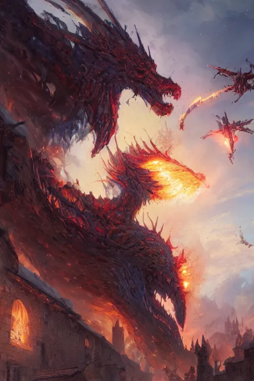 Image similar to a beautiful artwork illustration, a giant fire-breathing monster flying over a medieval village, destruction, by Greg Rutkowski and Jesper Ejsing and Raymond Swanland, featured on artstation, wide angle, vertical orientation