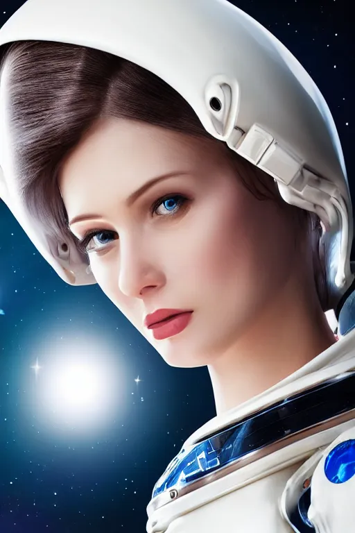 Image similar to hyper - realistic close - up portrait of a modern woman, pale skin, in a spacesuit, in the retrofuturism style