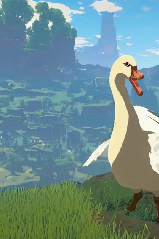 Image similar to in game footage of a white goose from the legend of zelda breath of the wild, breath of the wild art style.