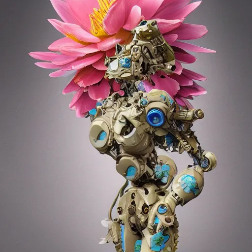 Image similar to waterlily head mobile combat suit floral rococo robot, biomechanical, waterlily mecha nymphaea, detailed illustration, concept art, smooth, sharp focus, by frank gehry, bandai box art