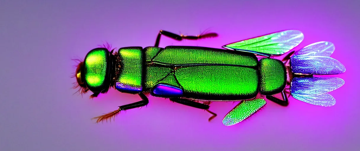 Image similar to high quality photo glowy iridescent mutant fly! jeweled very beautiful! highly detailed digital art david ligare elson peter cinematic purple neon lighting high quality low angle hd 8k sharp shallow depth of field