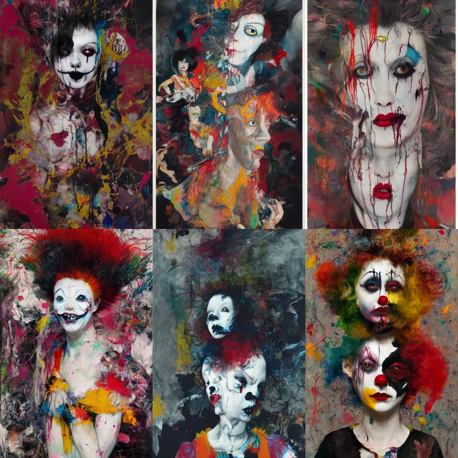 Prompt: clown girl, gothic, rich deep colours, painted by francis bacon, adrian ghenie, james jean and petra cortright, part by gerhard richter, part by takato yamamoto. 8 k masterpiece