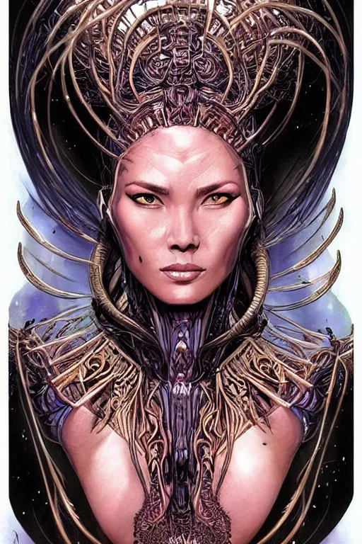 Image similar to beautiful and exotic and other-worldly alien queen bust portrait, sparkling eyes + frontal declotage with thick flowing hair, perfectly symmetrical facial features and muscle anatomy, ultradetailed art and illustration by bill sienkiewicz and chris bachalo and travis charest and chris achilleos, fantasy, intricate complexity, scientific human structure, accurate human anatomy, fantasy character concept, mixed media, watercolor, bleed, hyperrealism 8k