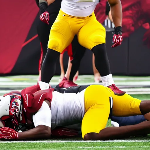 Prompt: lamar jackson standing on top of the body of tj watt