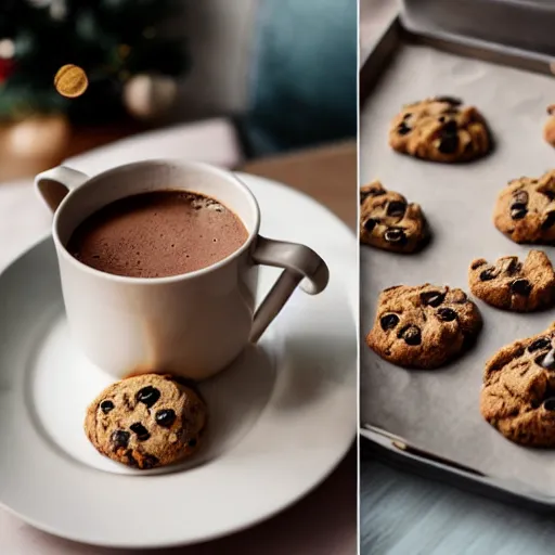 Prompt: cookies and hot chocolate, food photography, cozy