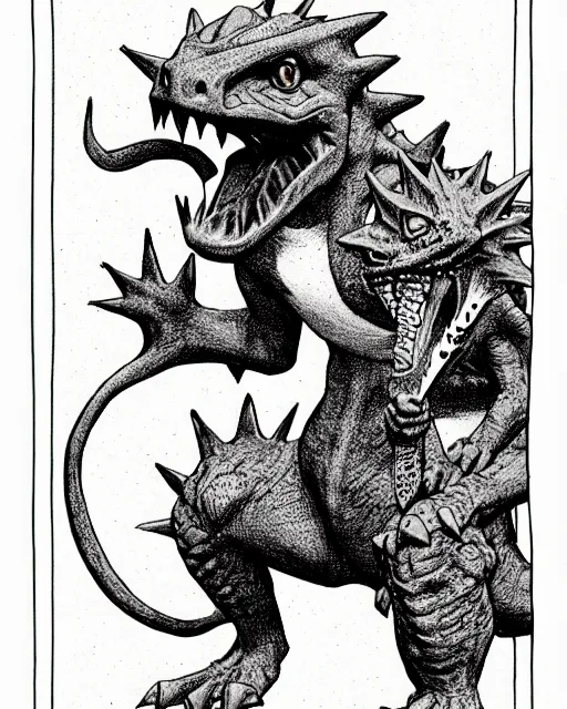 Image similar to charmander as a d & d monster, full body, pen - and - ink illustration, etching, by russ nicholson, david a trampier, larry elmore, 1 9 8 1, hq scan, intricate details, stylized border