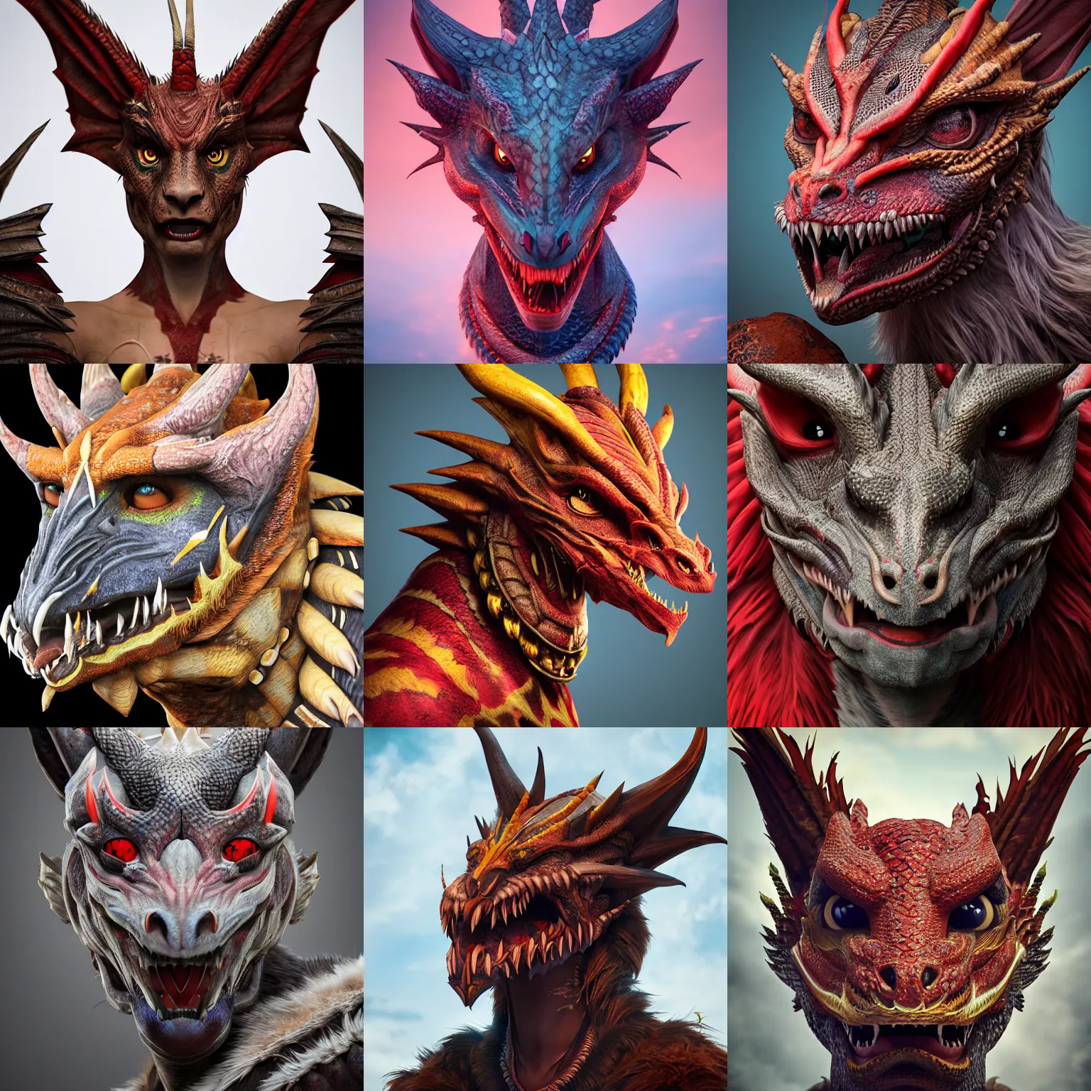 Prompt: head of a dragon wearing tribal facepaint, anthropomorphic furry dragon, very very very very detailed, beautiful, award-winning digital art, octane render, red war paint