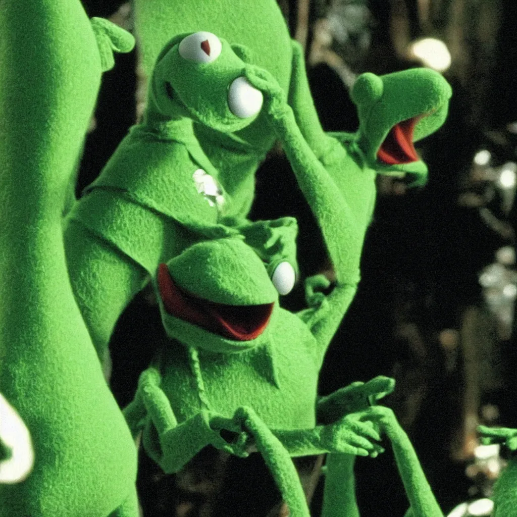 Prompt: kermit the frog as neo in the matrix ( 1 9 9 9 )