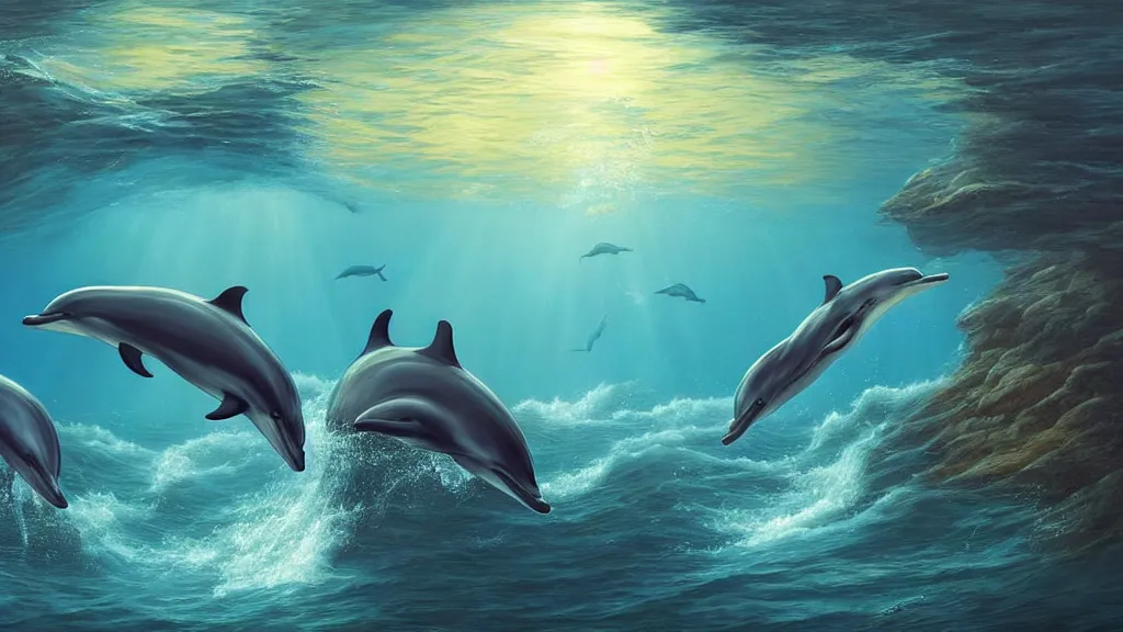 Image similar to dolphins swimming underwater, harmony, peaceful, amazing, by andreas rocha and john howe, and Martin Johnson Heade, featured on artstation, featured on behance, golden ratio, ultrawide angle, f32, well composed