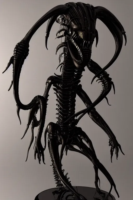 Image similar to hr giger xenomorph alien design in embrio pose, black, shiny body, hyperrealistic, cinematic lighting