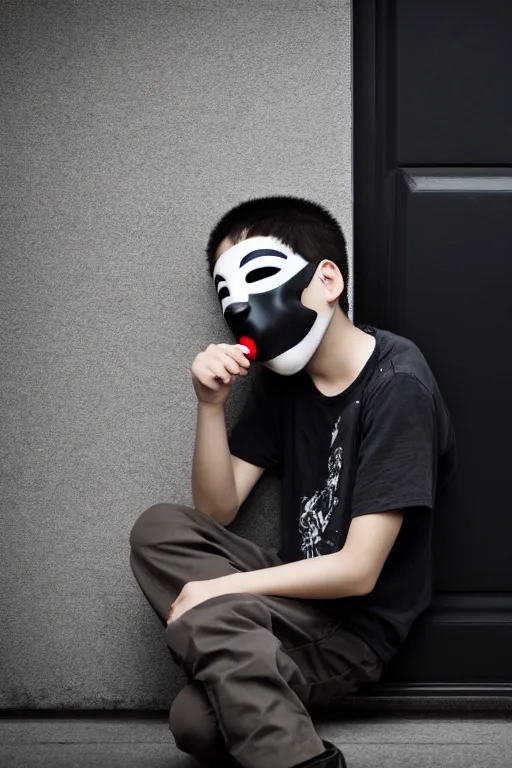 Image similar to boy with tomodachi mask sittin alone near black door. octopus, photorealistic, smooth, 4 k, aesthetic lighting, baroque object, hyperdetailed, professional photography, pullitzer winning, photo by : canon eos 5 d mark iv, by karah mew and adnan abidi