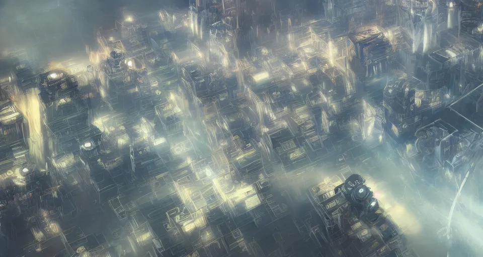 Image similar to Mech robot city. By Joseph Mallord William Turner, fractal flame, highly detailded