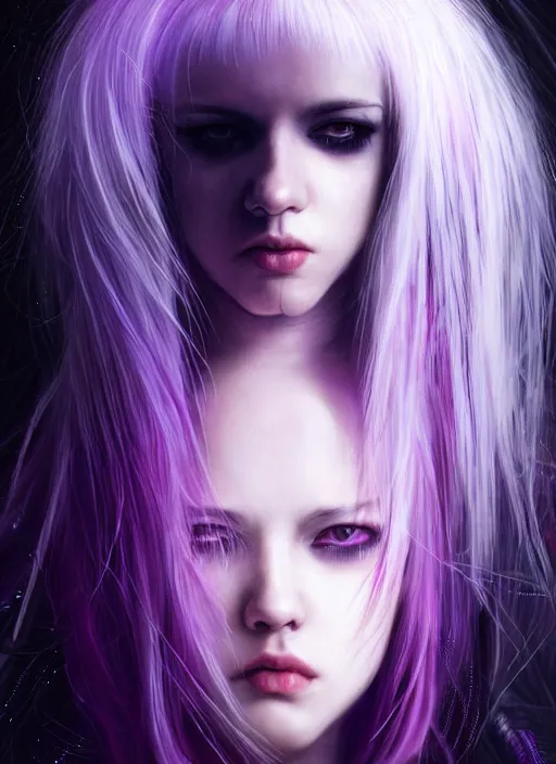 Image similar to hair whitebangs hair, black cyberlox, portrait of teenage girl with white bangs, whitebangsblackhair, messy bangs, cyberlox, whitebangs, red irises, purple clothes, intricate, elegant, glowing lights, highly detailed, digital painting, artstation, concept art, sharp focus, illustration, art by wlop, mars ravelo and greg rutkowski