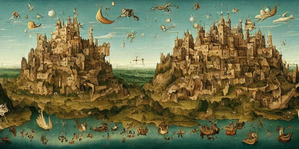 Prompt: laputa : castle in the sky in the style of heironymus bosch, intricate masterpiece, hyper detailed, hd