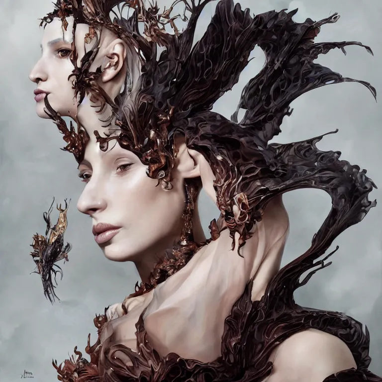 Image similar to beautiful cinematic fantasy character concept of an elegant fierce woman wearing haute couture by iris van herpen and Yohji Yamamoto and Neri Oxmanand Niccolo Casas and anouk wipprecht and behnaz farahi and jessica rosenkrantz and noa raviv and jun kamei , hybrid, by artgerm; wayne reynolds art station; cinematic quality character render; low angle; ultra high quality model; production quality cinema model;