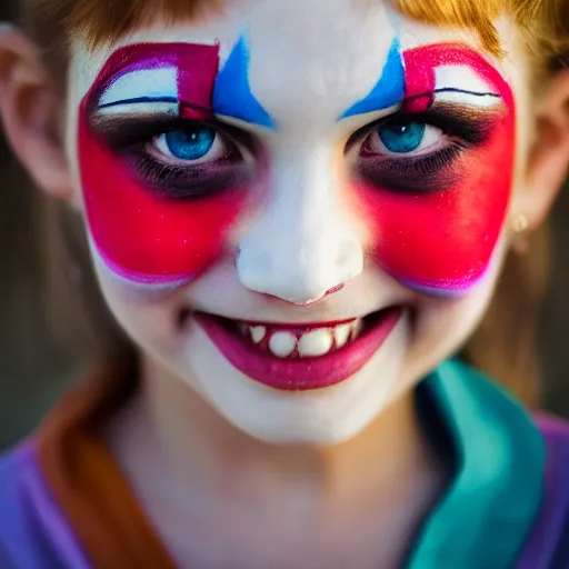 Prompt: a portrait of a girl who has face - painting like a clown smiling creepily. depth of field. lens flare