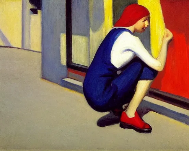 Image similar to blond woman with red and blue shoes in israel, salsa vendor, oil on canvas by edward hopper