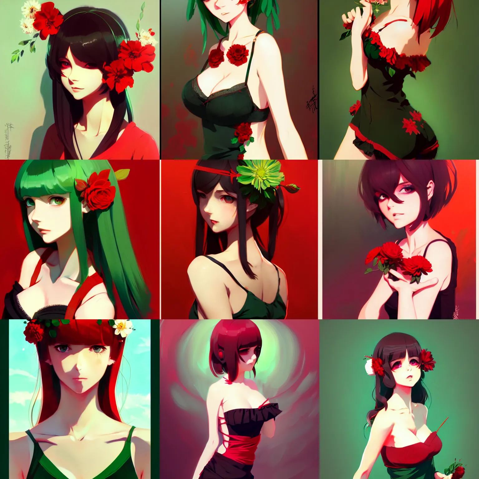 Prompt: sexy girl with green eyes, flower in her hair, wearing a camisole, red and black color palette, in the style of and ilya kuvshinov and greg rutkowski, high quality anime artstyle, intricate