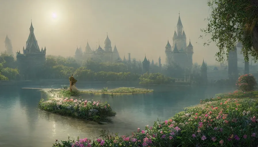 Image similar to vanishing point, palace like the kremlin in distance on a lake is covered with aqua blue roses, viewed from afar, stephen bliss, misty, unreal engine, fantasy art by greg rutkowski, loish, ferdinand knab, and lois van rossdraws,, global illumination, radiant light, minimalist, detailed and intricate environment