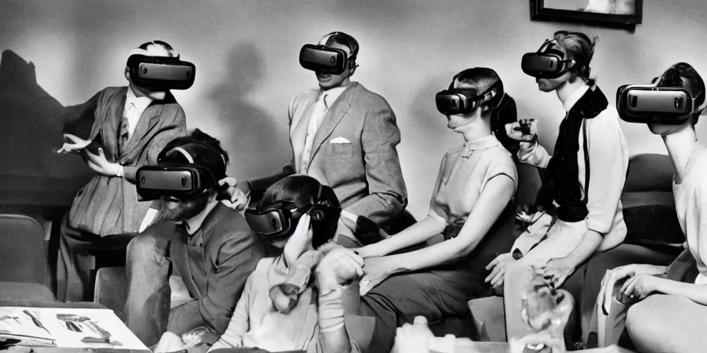 Prompt: people from the 1 9 5 0 s playing with virtual reality goggles