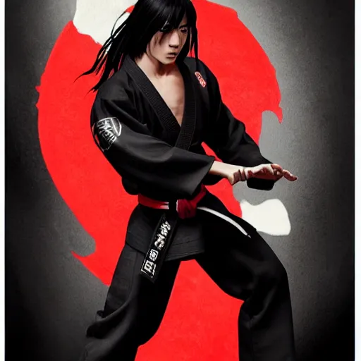 Image similar to mazoku martial artist, handsome japanese demon boy, young adult yokai with long spiky black hair, vantablack gi, muscular, red eyes, ultra realistic, intricate details, highly detailed, subsurface scattering, photorealistic, octane render, 8 k, art by artgerm, greg rutkowski, magali villeneuve, alphonse mucha