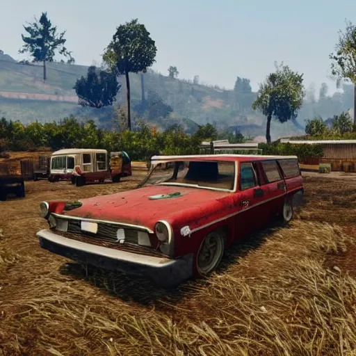 Image similar to a small vintage farm on fire in a field in the style of GTA V, gameplay footage