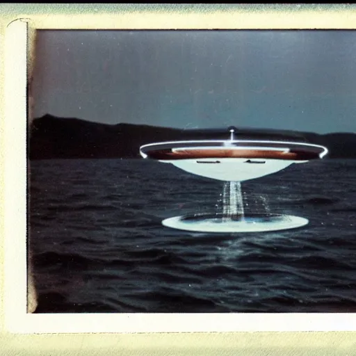 Image similar to cylindrical ufo hovering above water, real Polaroid photo