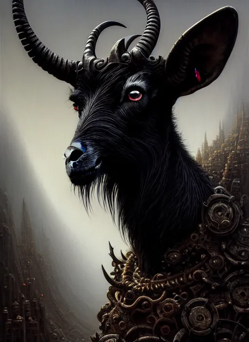 Image similar to portrait shot of evil black goat, a scenic dystopian environment, intricate, elegant, highly detailed, centered, digital painting, artstation, concept art, smooth, sharp focus, illustration, artgerm, tomasz alen kopera, peter mohrbacher, donato giancola, joseph christian leyendecker, wlop, boris vallejo