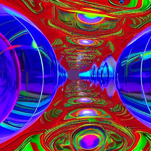 Prompt: vibrant colors several glass spheres suspended midair alternative reality mirror highly detailed 3d rendering from 1996 trippy dmt cyberpunk
