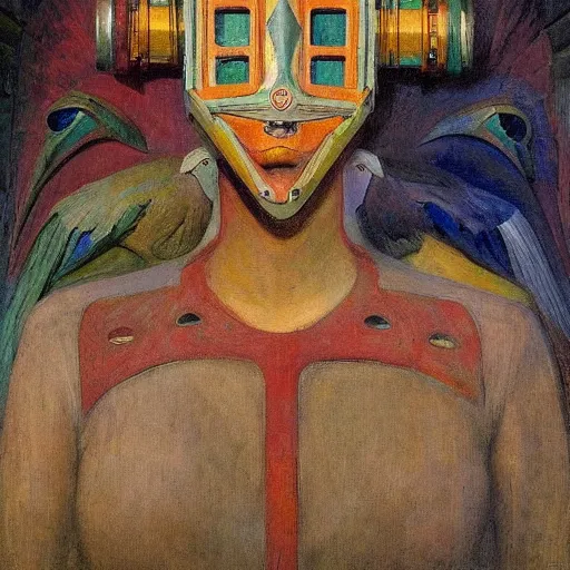 Prompt: the robot in her bird mask, by Annie Swynnerton and Diego Rivera, symbolist, dramatic lighting, elaborate geometric ornament, Art Deco,god rays, soft cool colors,smooth, sharp focus, extremely detailed, Adolf Wölfli