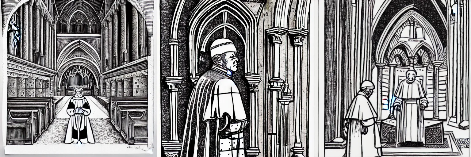 Prompt: an image of a pope in a cathedral, by Nick Blinko, pen and ink, very intricate, detailed, black and white, rudimentary peni, outsider art