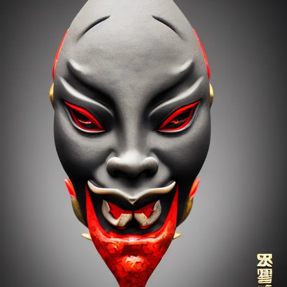 Image similar to a black hannya (般若) mask, kintsugi, dramatic angle, ornate, details, smooth, sharp focus, illustration, realistic, cinematic, artstation, award winning, rgb , unreal engine, octane render, cinematic light, macro, depth of field, blur, red light, 8K,