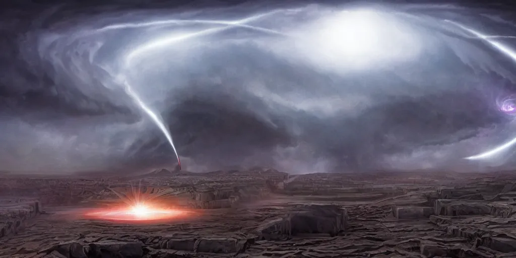 Prompt: a highly detailed matte painting of a powerful laser beam opening a black hole portal over a mesopotamian ziggurat, massive energy storm, ominous, foreboding, dark, trending on artstation,