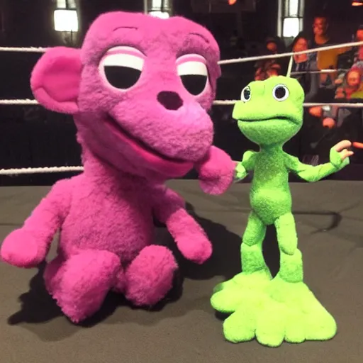 Prompt: wwe brawl between barney the dinosaur and a teletuby, photo, cell phone photo, 3 5 mm, iso, mm